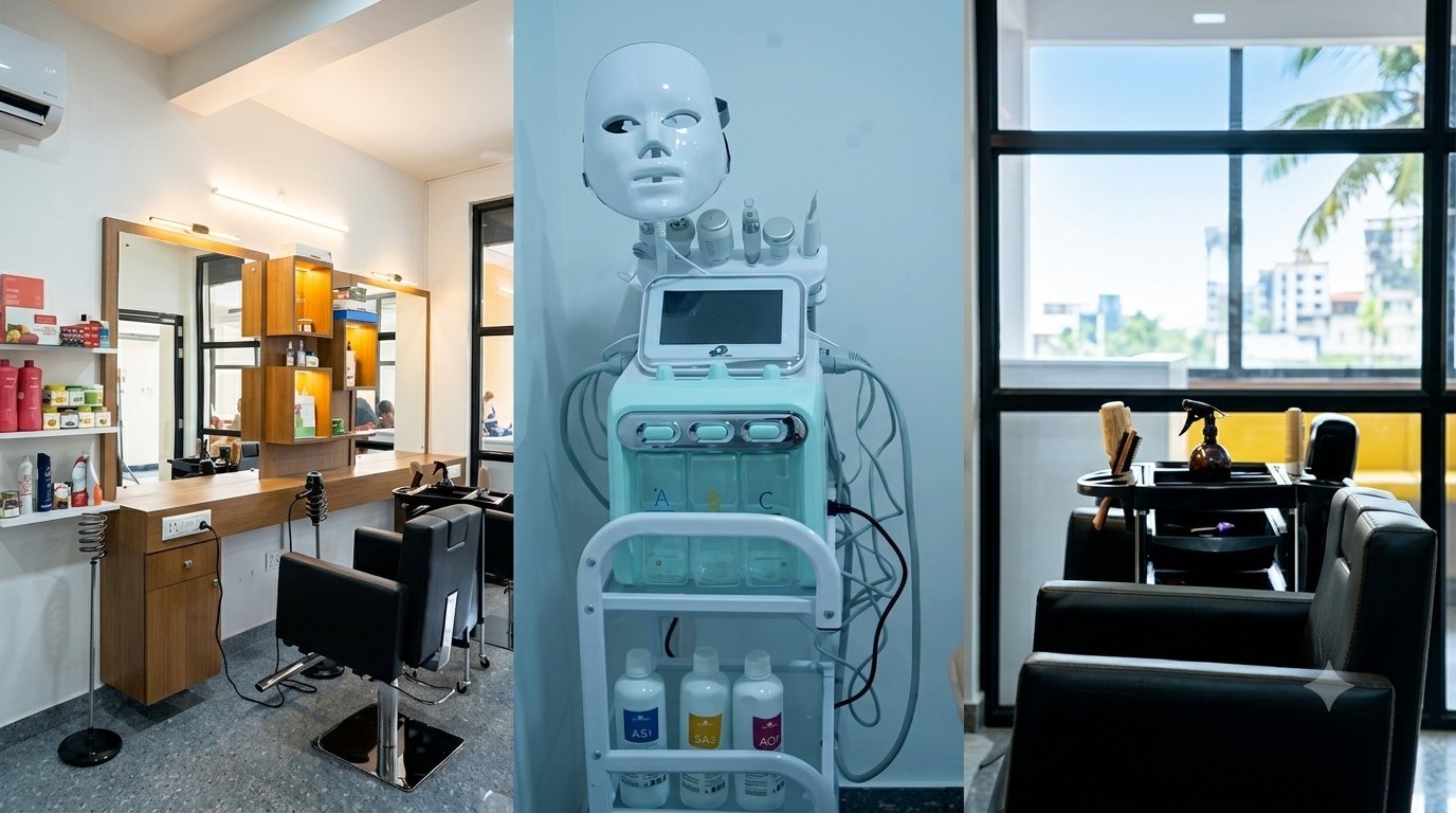 Belle Queen Beauty Lounge interior, treatment equipment and styling stations